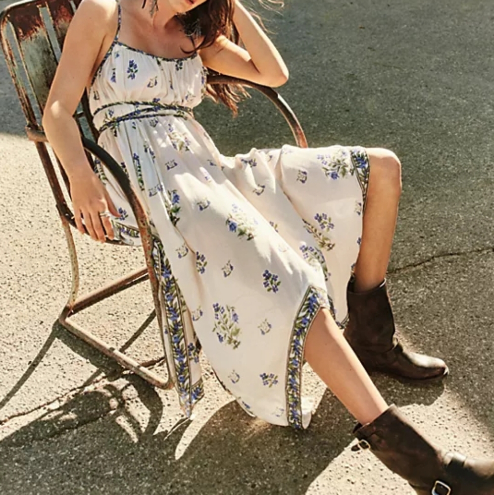 Free People Art Nouveau Maxi Dress Strappy Floral Print Asymmetrical Hem Sm NWT - Picture 15 of 15
